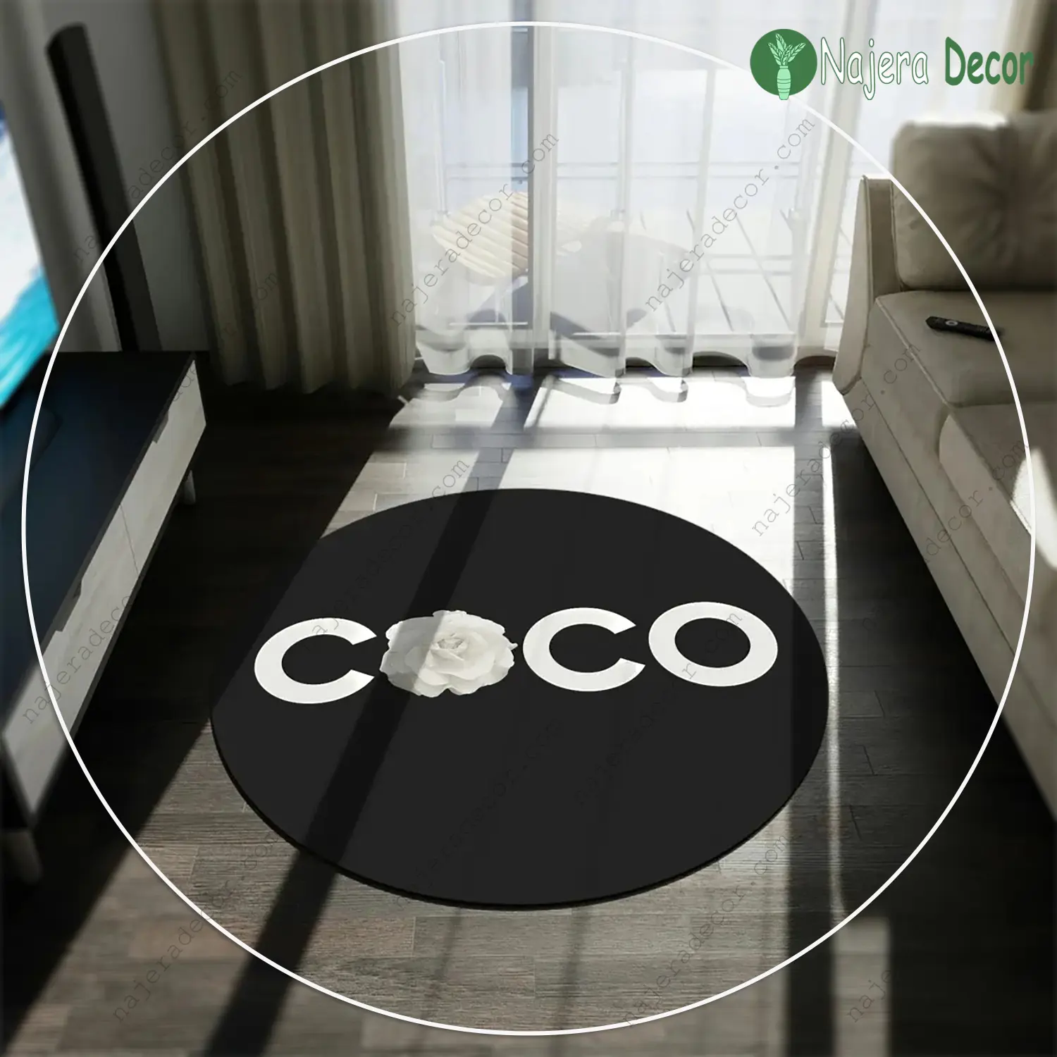 Chanel coco flower black round rug carpet luxury brand fashion home decor